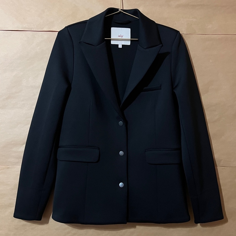 Aday Soft Power Blazer Jacket Scuba Knit Notched Lapel Snap Front Black Size XS